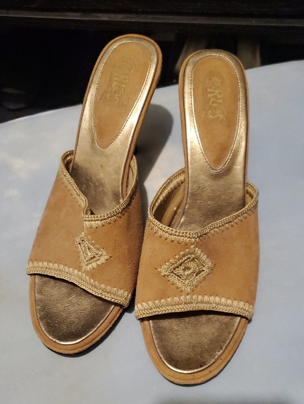 Carlos by Carlos Santana Tan Suede Open-Toe Slide Mules with Gold Insole